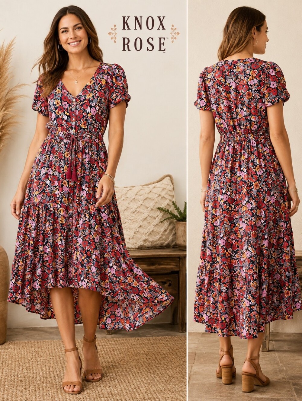 Knox Rose Floral Button Front Midi Dress Smocked Waist Boho Cottagecore Size XS